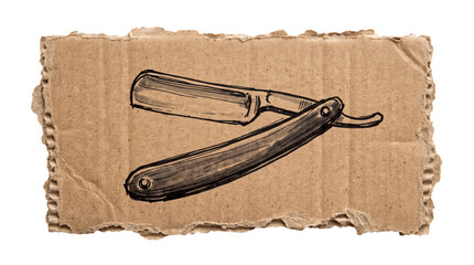 Obraz premium Classic barber straight razor folding blade sketch on cardboard. Traditional male grooming haircut graphic for barbershop price list menu, men salon banner mockup.