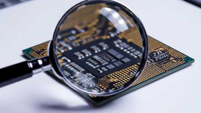 A magnifying glass moves across a computer CPU, inspecting the intricate gold circuitry and microchips on its surface in close-up detail.
