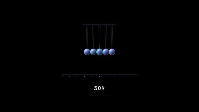 A Newton's Cradle swings rhythmically against a dark background, showcasing kinetic energy transfer alongside a percentage progress indicator during a loading sequence.