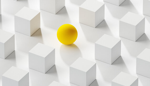 A yellow sphere stands among white geometric squares, symbolizing individuality, uniqueness, diversity, contrast, and distinct identity within a clean minimalist composition.