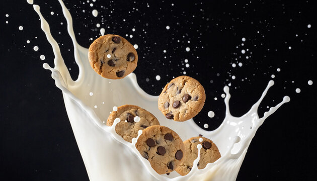 Chocolate chip cookies floating in a dynamic splash of milk against dark