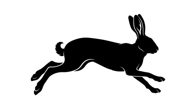 Silhouette of a Running Hare on White Background