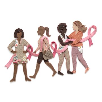 Diverse group of women in a felt fabric art style celebrating Pink October breast cancer awareness