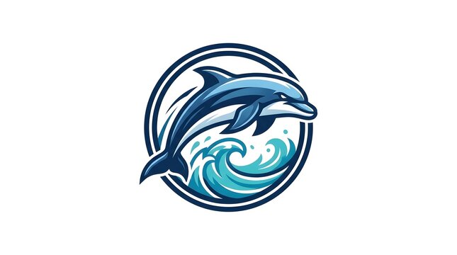 Stylized dolphin logo with ocean wave in circular design
