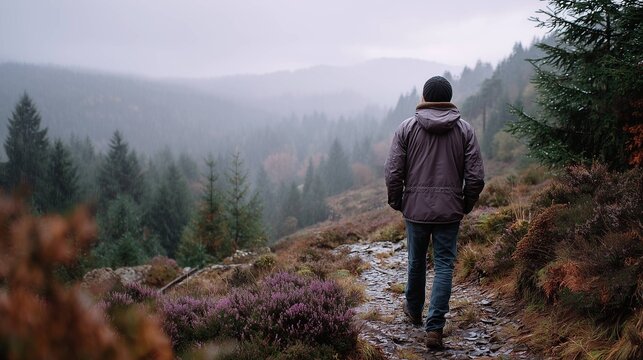 Man hiking alone on misty mountain trail in rain, solitary autumn hike outdoors