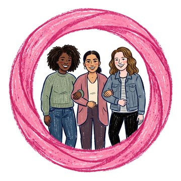 Diverse women embracing for Pink October in a hand drawn illustration style