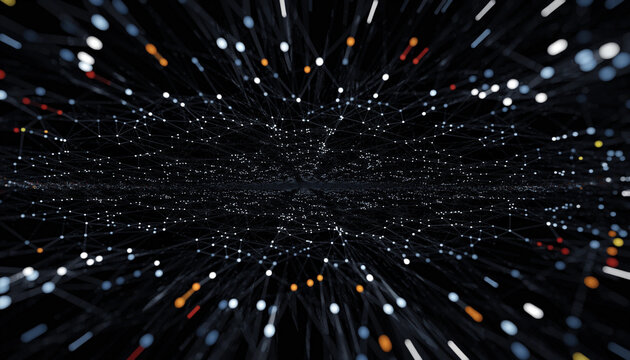 Digital data streams forming a glowing tunnel with light trails radiating