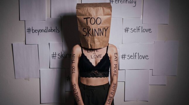 Woman with paper bag over head reading too skinny, body positivity and self love awareness concept