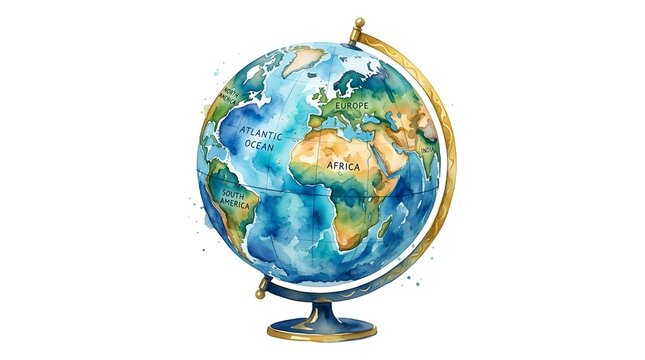 Watercolor globe illustration depicting continents with vibrant colors