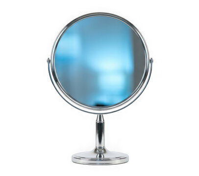 Round silver vanity mirror on a stand isolated on transparent background