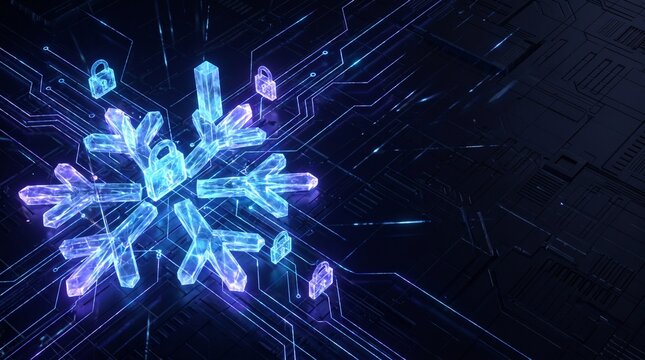 Digital Snowflake Icon on Circuit Board Background