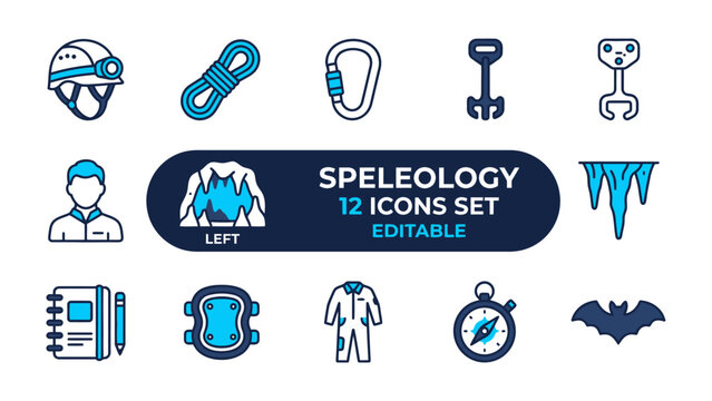 Speleology Icons Set: A collection of illustrated icons representing equipment and elements related to caving and spelunking, including a helmet, rope, carabiner, shovel, and more.