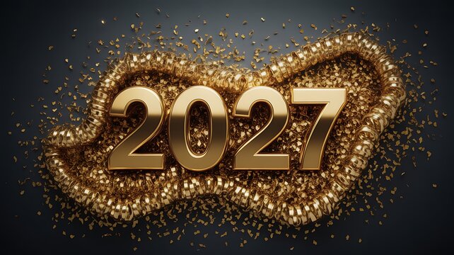 Three dimensional gold numbers 2027 on a dark background with festive glittering particles and golden light effects