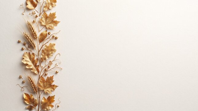 Autumn Botanical Border with Golden Leaves and Wheat Stems on Ivory Background