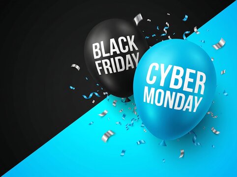 Cyber monday and black friday balloons with falling confetti on divided black and blue background shopping holiday balloons shopping promotion discount celebration