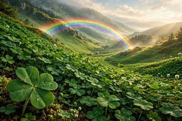 Obraz premium Rainbow over Lush Green Clover Meadow in Rolling Hills