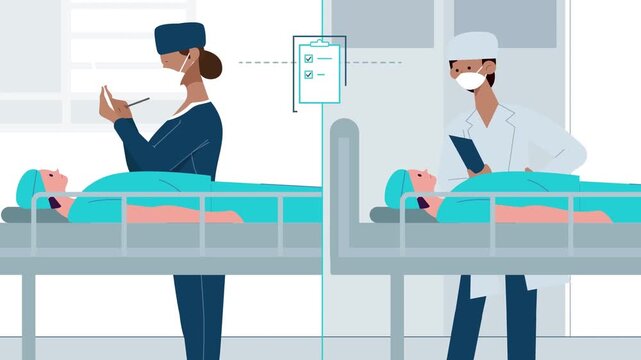 Medical animation showing doctors examining patients on hospital beds during clinical rounds video footage