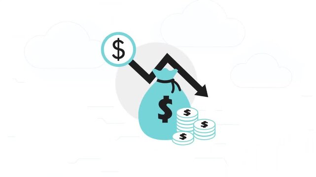 Financial loss and economic recession concept motion graphic featuring declining money bag and arrow video footage