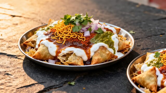 Samosa chaat with yogurt chutney and sev crispy noodles on metal plate