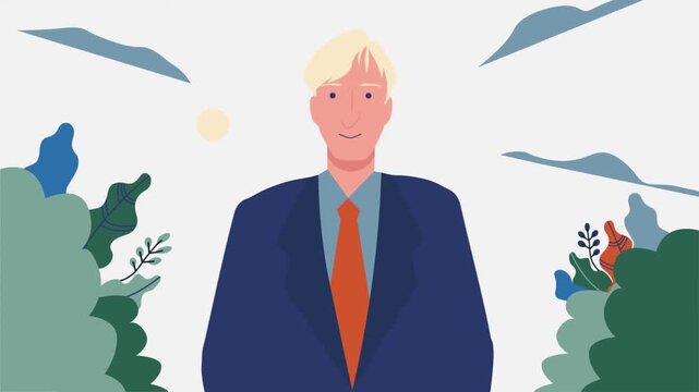 Animated businessman in blue suit holding paper document and smiling in digital video clip