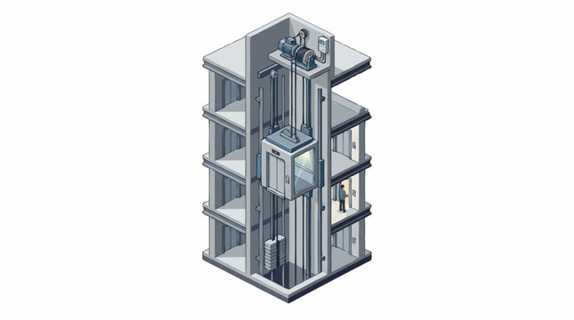 Isometric cross section view of a modern multi-story building elevator system.