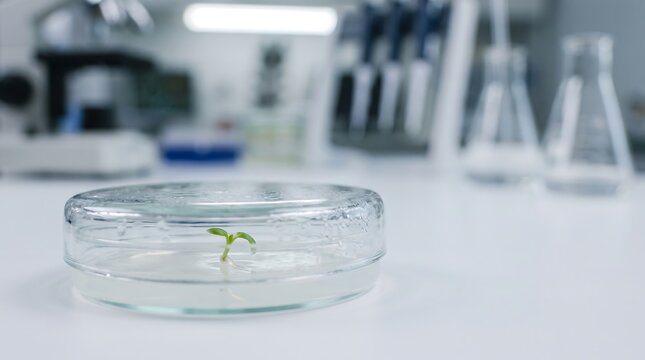 Small green sprout growing in a petri dish inside a modern laboratory