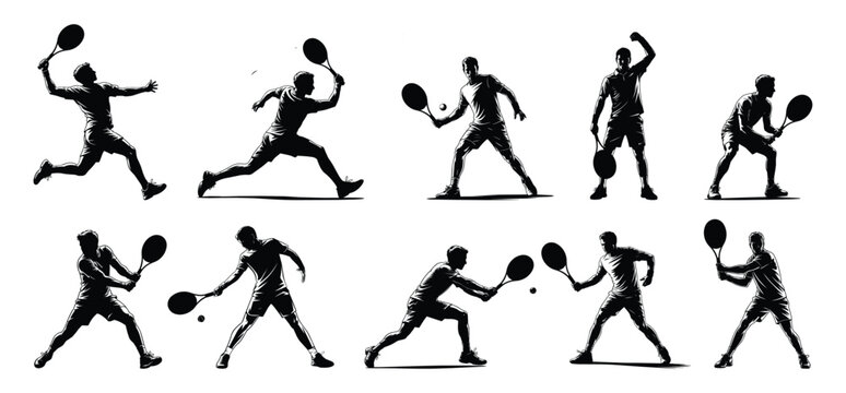 Set of Men Tennis Player Silhouettes with Dynamic Sports Poses Vector.