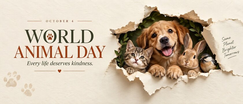 World animal day banner with golden retriever dog kitten and small brown bunny peeking through torn paper