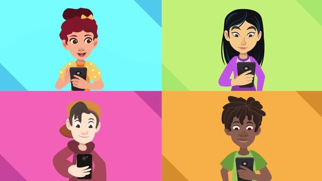 Diverse multiethnic cartoon kids typing messages on modern smartphones in colorful animated video clip motion