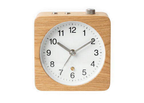 Minimalist wooden alarm clock with white dial isolated on transparent background
