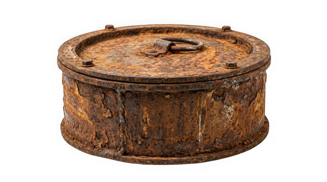 Old rusty round metal container with a lid and handle isolated on transparent background