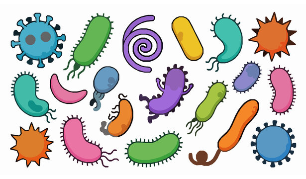 Cute Cartoon Microorganisms Virus and Bacteria Set