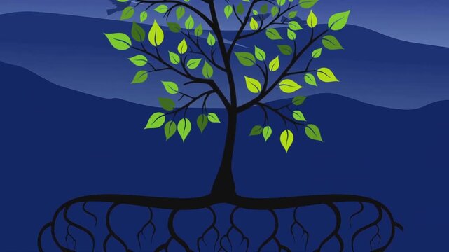 Growing tree animation with underground roots spreading across blue background showing nature concepts in motion video clip