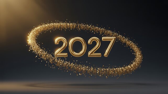 Golden 2027 year numbers surrounded by a glowing particle ring on a dark background for new year celebration