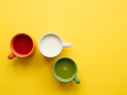 Three colorful cups of drinks on a bright yellow background