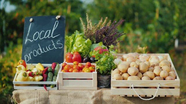 Fresh local produce display with vegetables and potatoes at outdoor market stand.