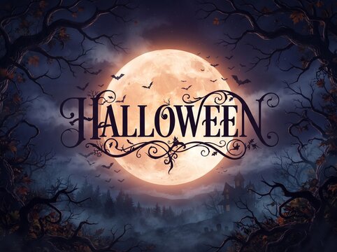 Halloween text overlay with bats flying across a full moon in a dark forest