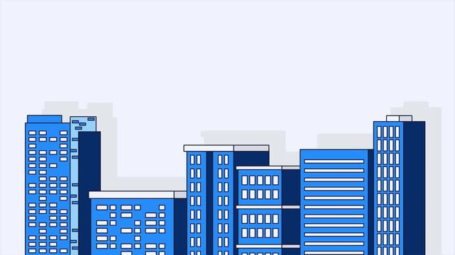 Animated city skyline featuring blue vector buildings moving horizontally in a motion graphics video loop clip