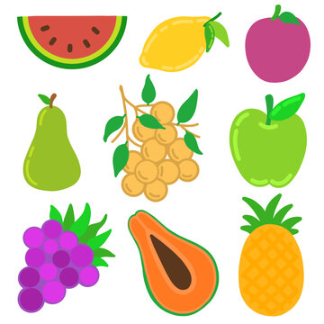Fresh tropical fruits and berries collection vector illustration set