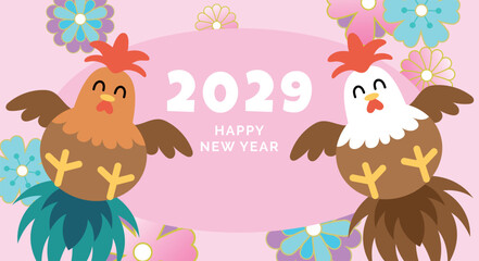 Obraz premium Year of the Rooster cartoon mascots. Two zodiac roosters on a floral background.