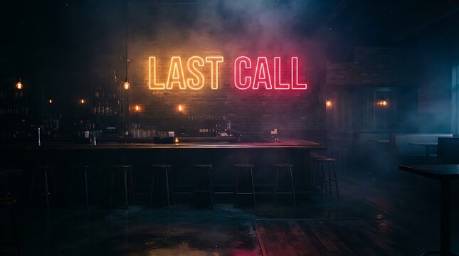 Atmospheric dim-lit bar interior featuring a glowing neon sign displaying Last Call in orange and red hues amidst smoke and shadows