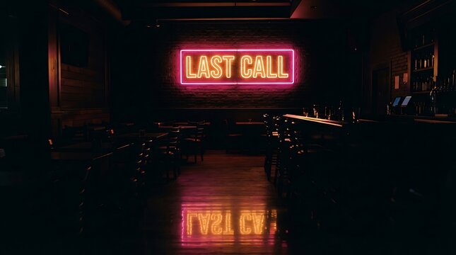 Dark atmospheric bar interior with a glowing pink neon sign that reads Last Call, reflecting on the polished wooden floor