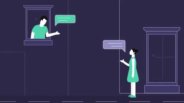 Animated video footage of neighbors talking across street with speech bubbles in flat design motion clip