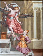 Fototapeta premium Crema - The fresco of Apparition of Argangel Garbeiel to Zechariah in church Chiesa di San Giovanni Battista by by Gian Giacomo Barbelli (1636).