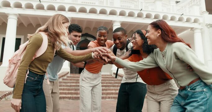 Student, people and applause with hands together in university for achievement, winning or mission. Happy, friends or group piling with smile, clapping or stack for higher education or team success