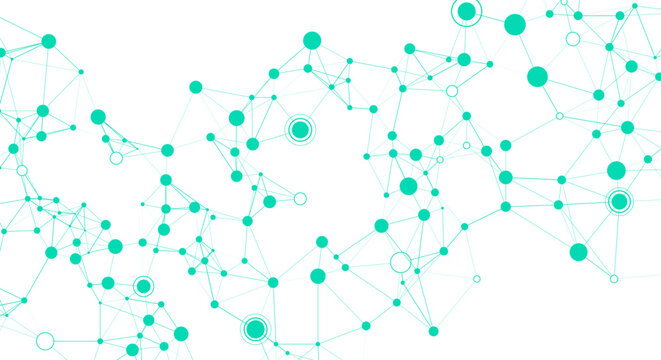 Modern teal digital network mesh with connected dots and lines on a clean white background, representing big data transfer, global communication, and biotechnology.