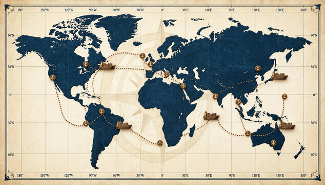 Global shipping routes concept with cargo ships and anchor points on vintage world map