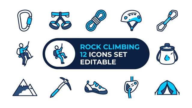Rock Climbing Icon Set: A collection of 12 editable vector icons representing various aspects of rock climbing, including equipment and actions.