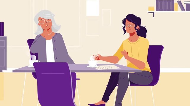 Two women sitting at a table talking during a business meeting in animated vector video footage