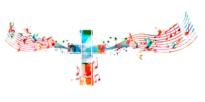 Colorful christian cross with music notes isolated vector illustration. Religion themed background. Design for gospel church music, concert, festival, choir singing, Christianity, prayer